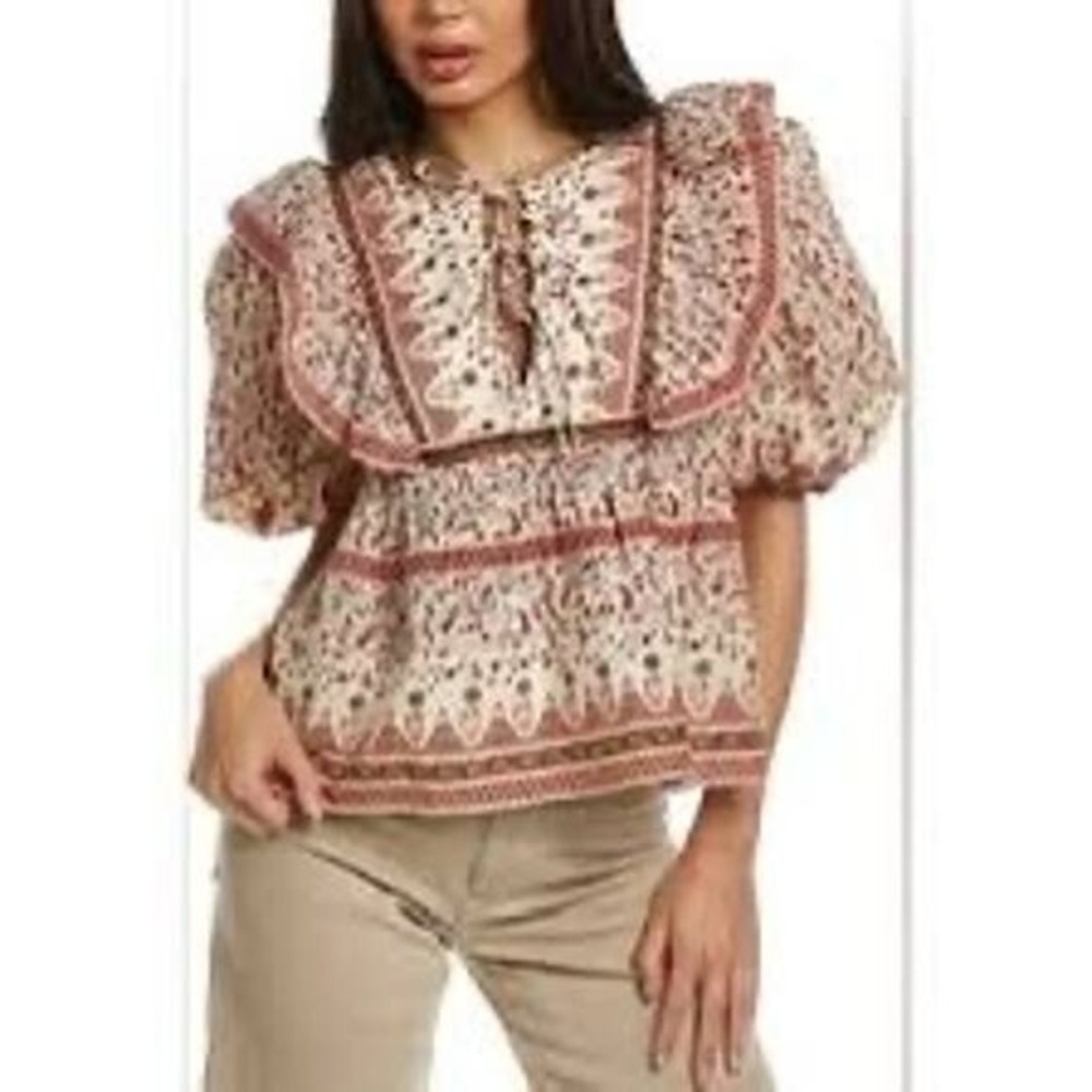 Calypso St Barth Red Floral Paisley Ruffle Puff Sleeve Blouse Top Large L